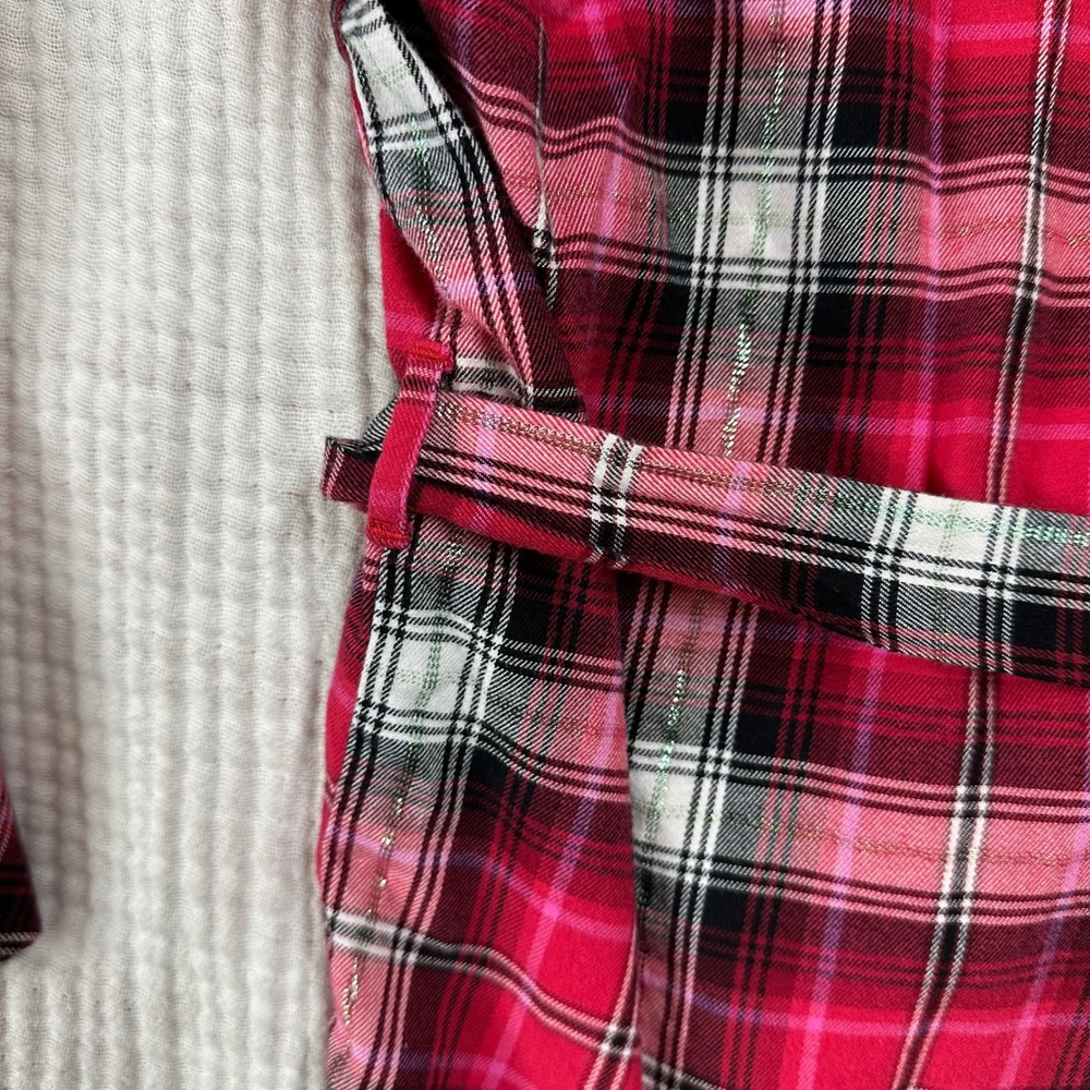 VICTORIA'S SECRET size L Red Pink & Plaid Flannel Romper 1 Pc belted Pajamas - Picture 10 of 11